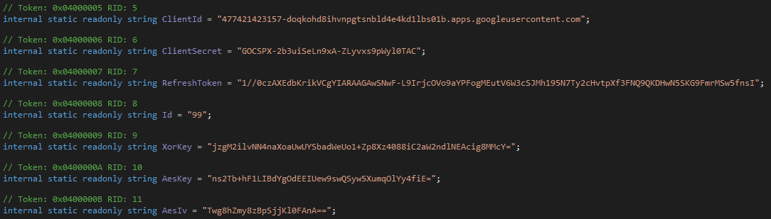 Google Drive credentials of DoomDrive as shown by dnSpy