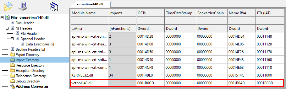 Import address table of modified vcruntime140.dll