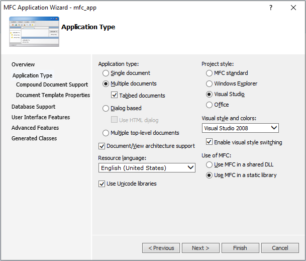 MFC application options
